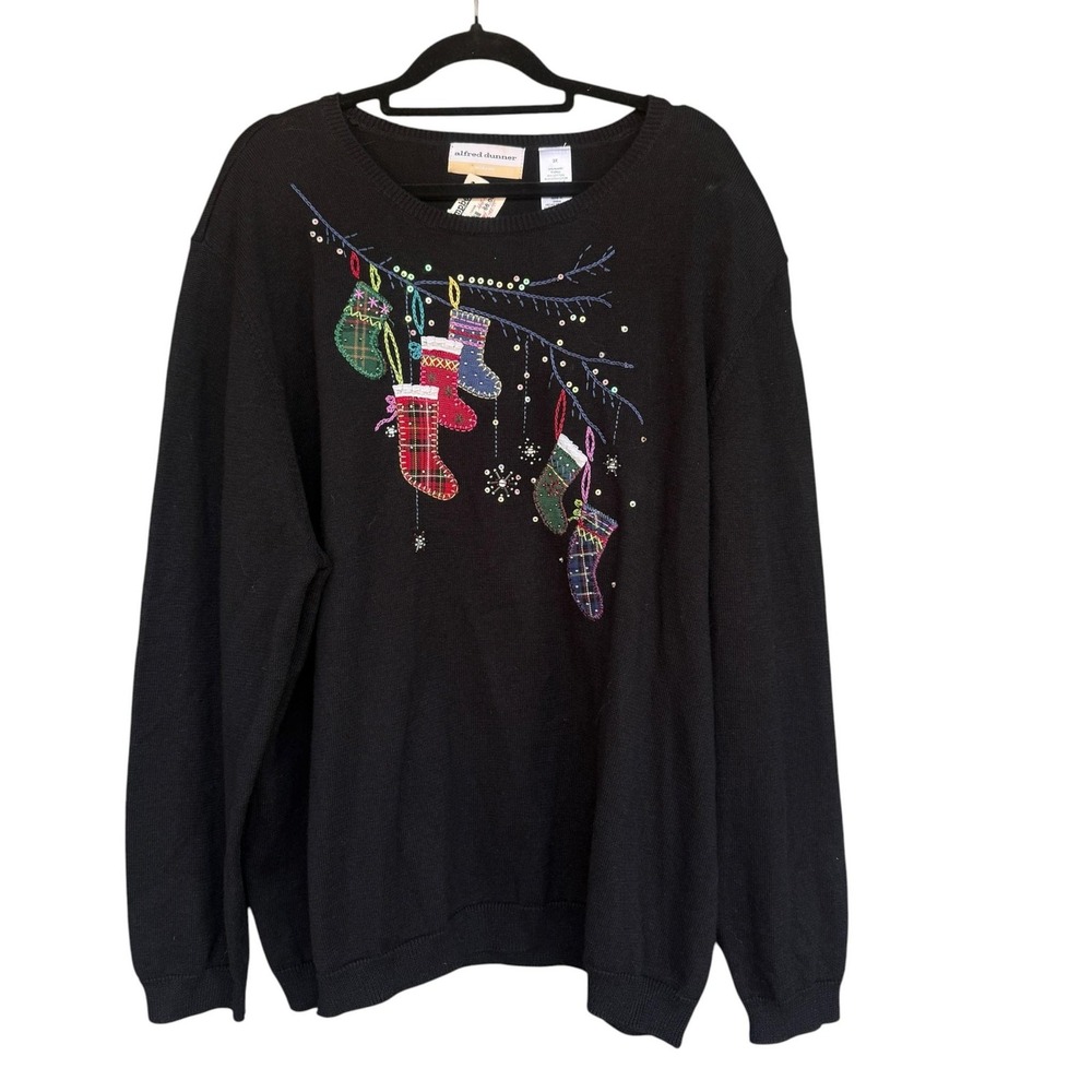 Alfred Dunner Sweater Womens 3X Black Ugly Christmas Stocking Embroidered